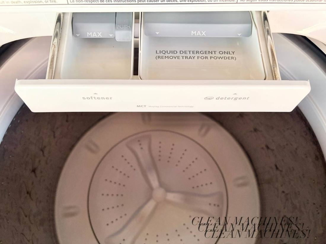 Maytag Bravos Washer detergent tray and tub close-up