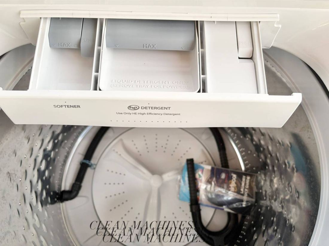 Maytag washer detergent dispenser and tub close-up